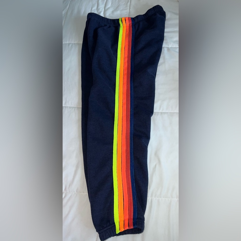 Aviator Nation Navy Sweatpants with Neon Yellow, Orange & Red Stripes